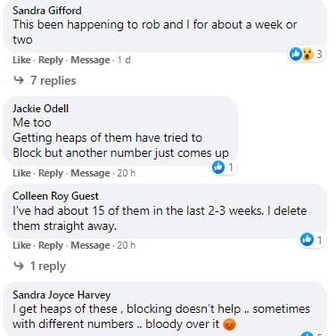 Facebook comments of people saying they have received Flubot scam messages.