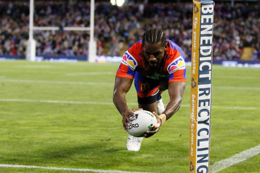 An NRL player falls over the line near the corner flag to score a try.