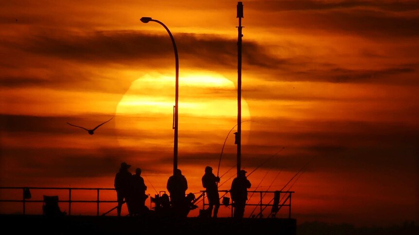 Fishermen on a pier silhouetted against a rising sun.