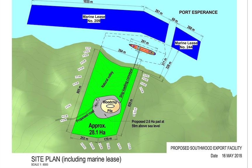 Map of Dover woodchip proposal and Tassal salmon leases.