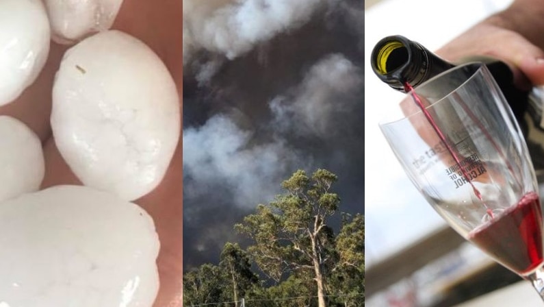 A composite photo of hail, smoke and red wine.