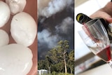 A composite photo of hail, smoke and red wine.