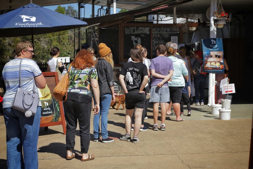 People wait in line to reach a counter at a cafe.