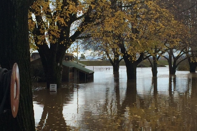 Floodwaters in the Longford Caravan Park.