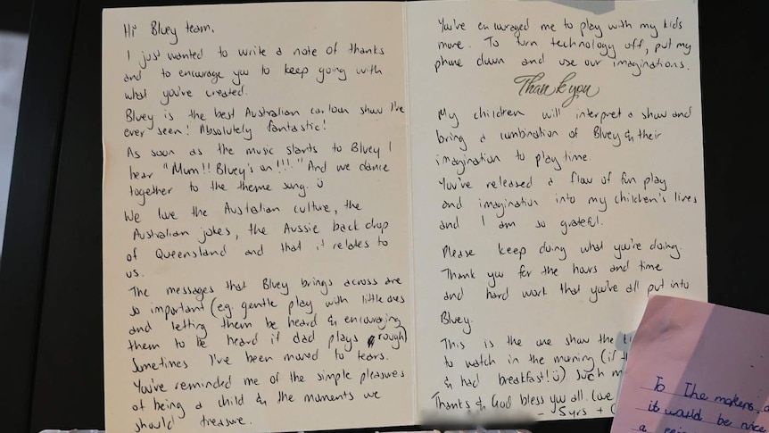 A handwritten card to the makers of Bluey thanking them for creating the show.