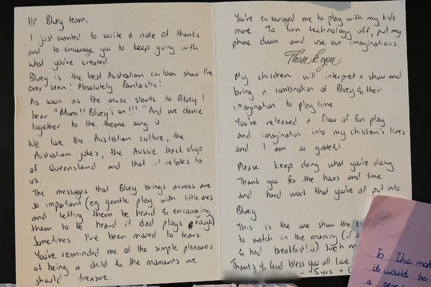 A handwritten card to the makers of Bluey thanking them for creating the show.