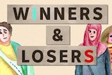Graphic image showing three illustrations of people beside a 'winners and losers' sign, with a map of NSW in the background.