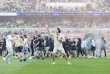Man stands on pitch taking selfie in front of chaos 
