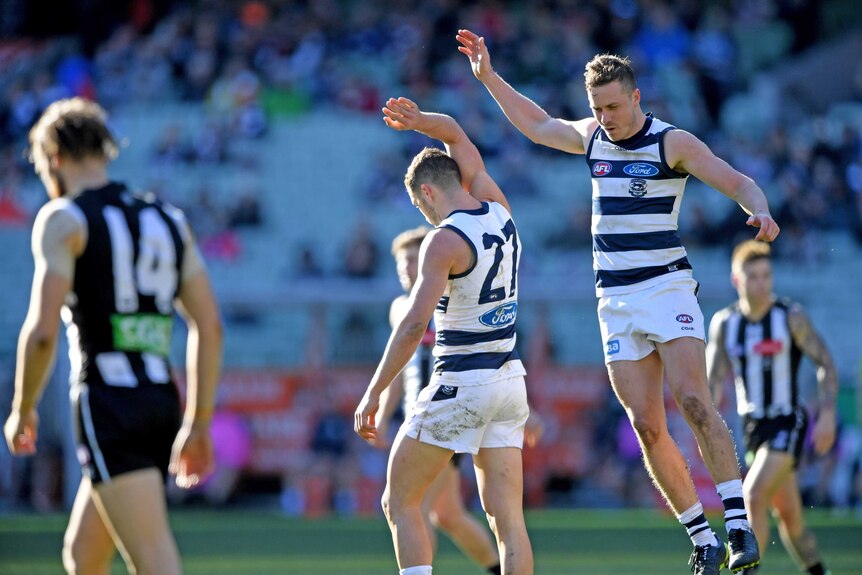 Geelong's Sam Menegola (C) celebrates a goal with Mitch Duncan (R) against Collingwood.