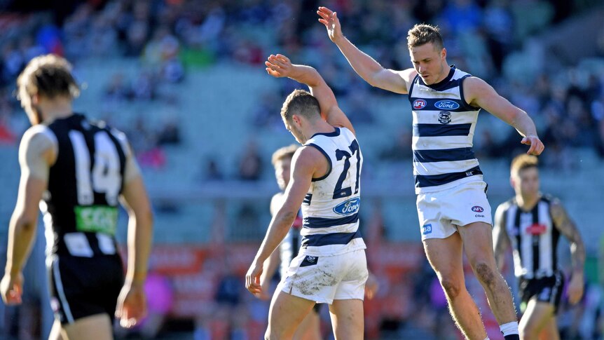 Geelong's Sam Menegola (C) celebrates a goal with Mitch Duncan (R) against Collingwood.