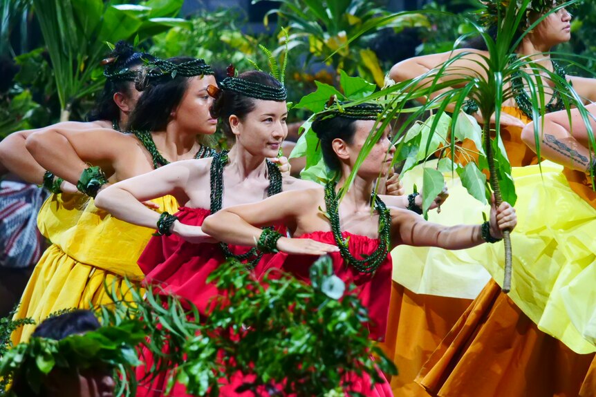 Women wearing skirts and adornments of leaves dance.