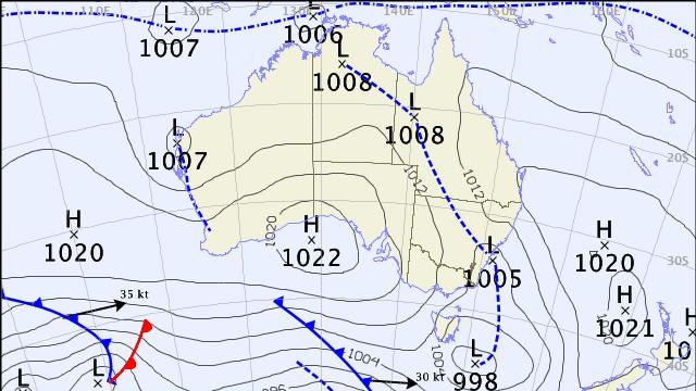 Weather map showing low off north of country