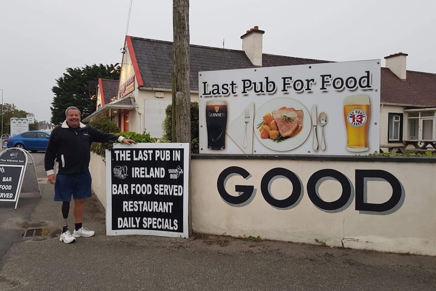 Kelvin Cook pictured with his prosthetic leg outside The Last Pub in Ireland