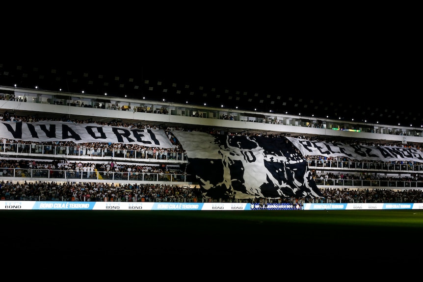 Santos fans hold up a banner saying VIVA O REI
