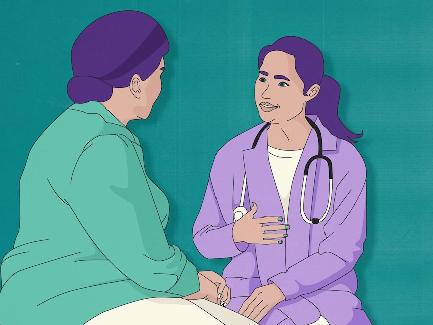 illustration of two women, one a doctor wearing a purple coat and wearing a stethoscope, speaking in front of a teal background