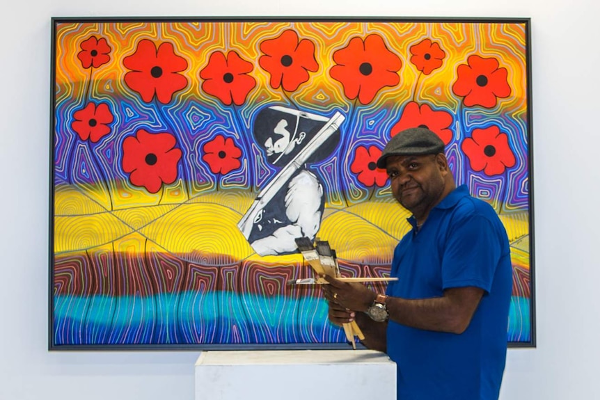 Artist Peter Farmer with his painting commissioned for They Served With Honour - An Exhibition.