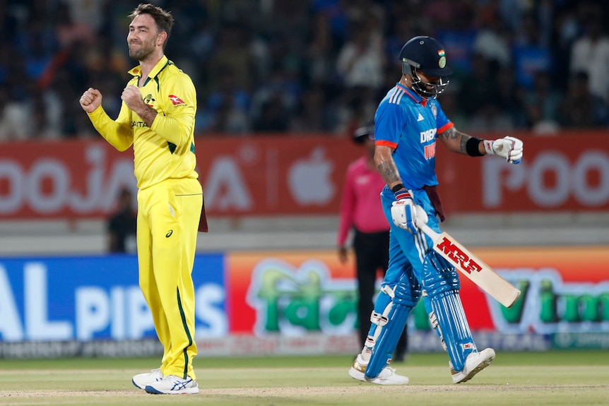 Glenn Maxwell celebrates as Virat Kohli walks away.