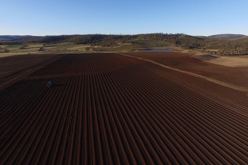 An aerial angle of ploughed fields.