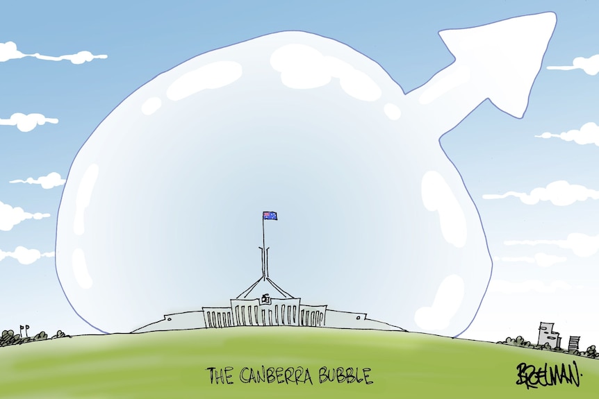 A cartoon of parliament house with a bubble drawn around it 