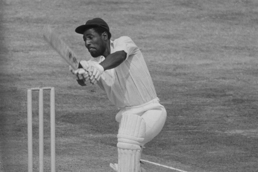 Antiguan cricketer Viv Richards plays a cover drive while playing for the West Indies against England