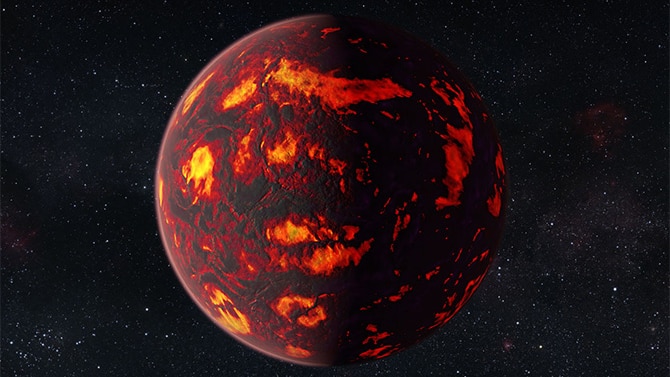 An artist's impression of the searing hot surface of 'super-Earth' exoplanet 55 Cancri e