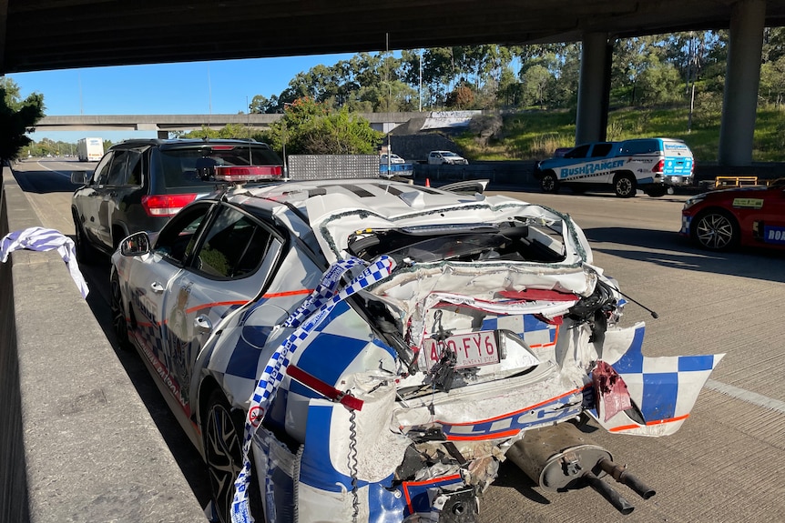 A police car involved in a crash on the M1 near Helensvale.