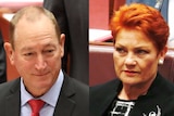 Pauline Hanson looks towards a smiling Fraser Anning.