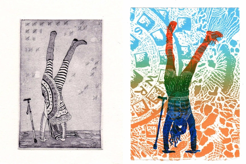 Two works of art by the artist Larissa MacFarlane, both show the artist doing a handstand