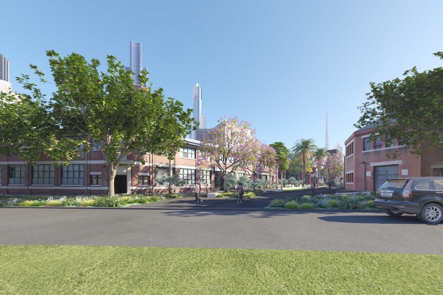 An artist's impression of Dodds Street looking north from Grant Street with green trees.