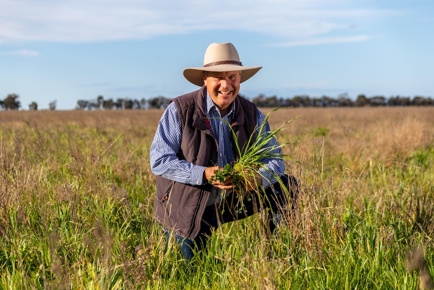 A man kneeling in some grass with an akubra on 