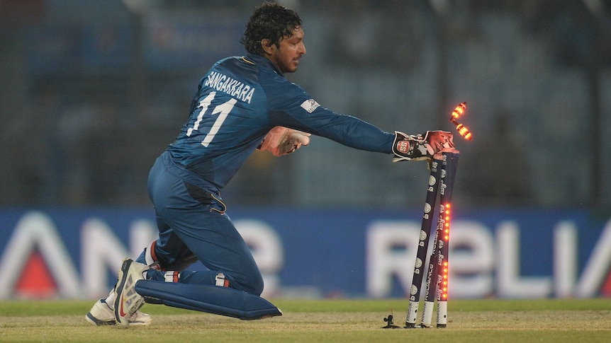 Sri Lanka's Kumar Sangakkara runs out South Africa's David Miller at the World Twenty20.