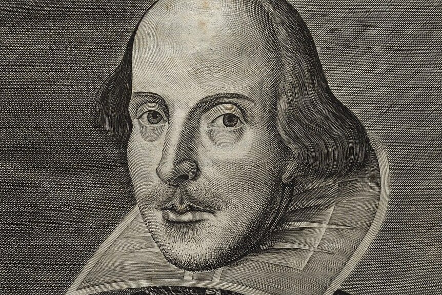 A printed titled page of William Shakespeare's First Folio, with a picture of the author.
