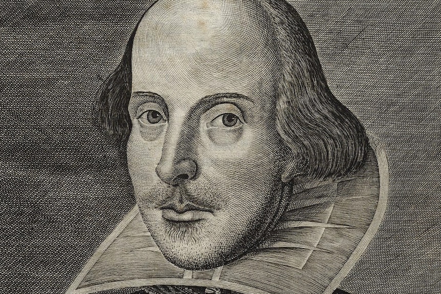 A printed titled page of William Shakespeare's First Folio, with a picture of the author.