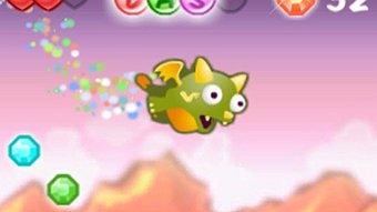 Screen shot of the Dragon Dash game. A flying dragon surrounded by gems.