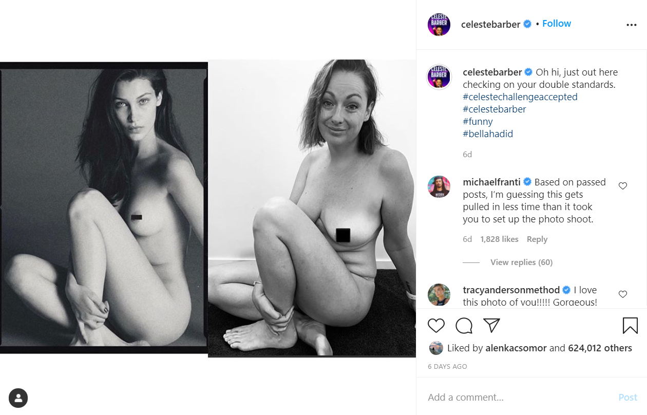 A screenshot of a black and white Instagram post with a composite image of two naked women using their leg to cover their bodies