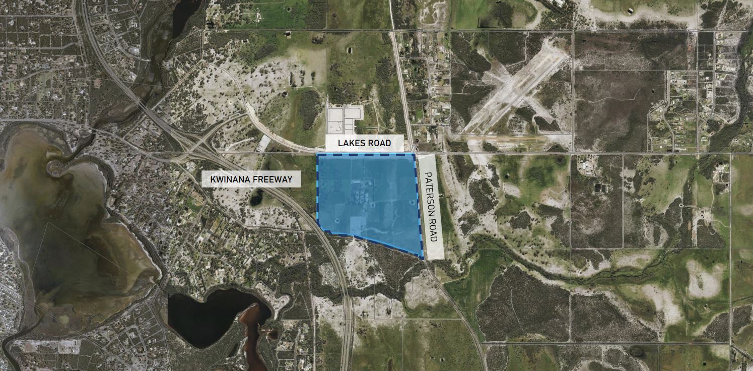 An aerial view of a map of Nambeelup, south of Perth, with a blue shaded zone in the centre.