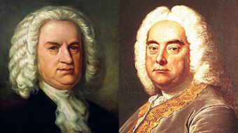 A composite image of J S Bach and George Handel.