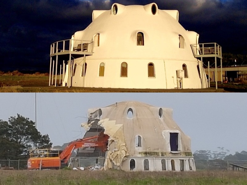 a composite image of a dome shaped house, one complete, one in the middle of demolition