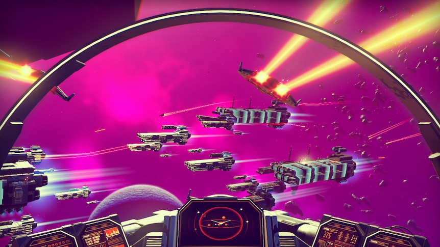 A screenshot from the 2016 videogame No Man's Sky with ships flying through space