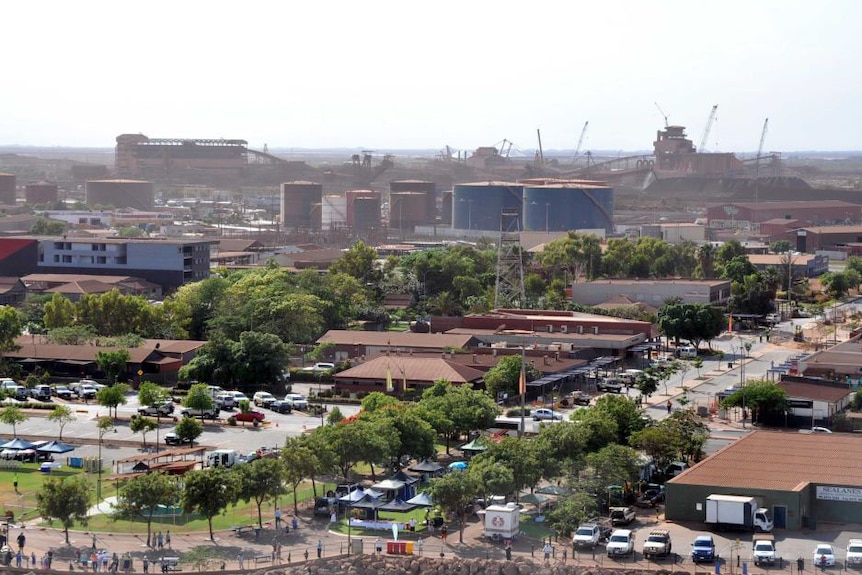 Port Hedland CBD showing mines and port in background.