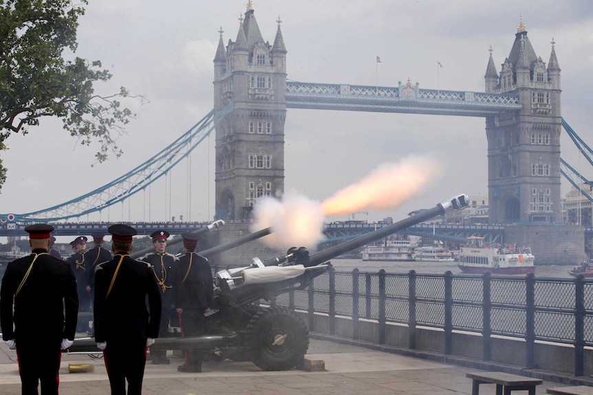 62-gun salute at the Tower of London to mark the birth of a new royal baby.