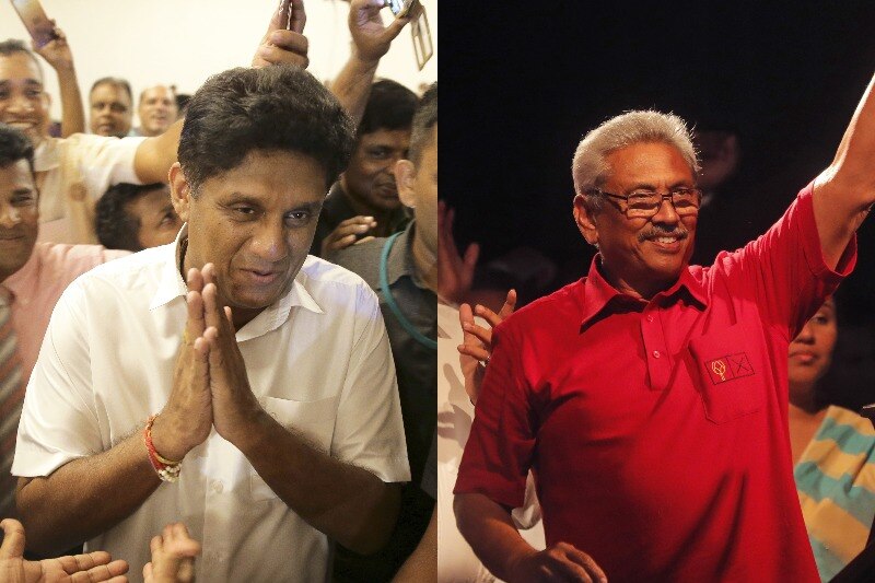 A composite image of two Sri Lankan leaders — one wears a white shirt while clasping hands while another is in red waving.