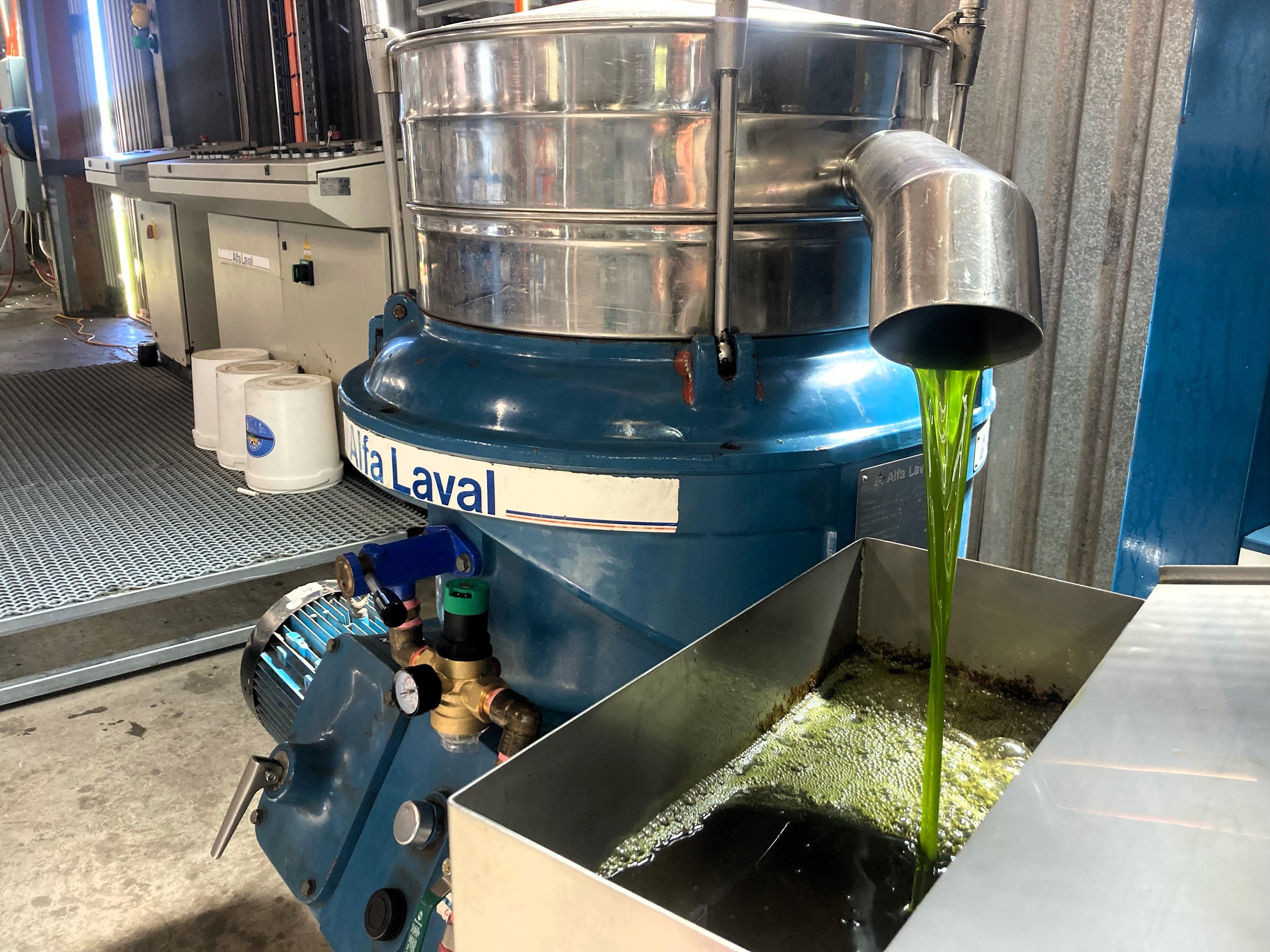 El líquido verde se vierte en una bandeja de metal de un tubo de máquina.