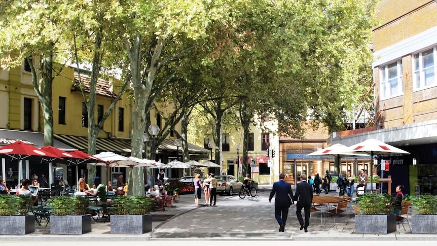 An artist's impression of CBD streetscape improvements as part of the new DCP for Newcastle.