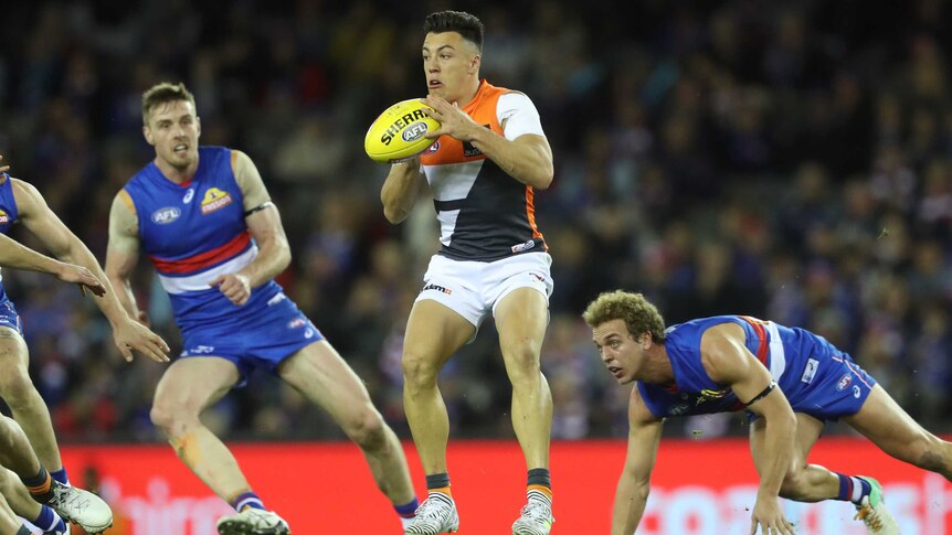 GWS' Dylan Shiel with the ball against the Western Bulldogs
