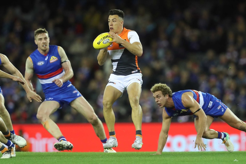 GWS' Dylan Shiel with the ball against the Western Bulldogs.