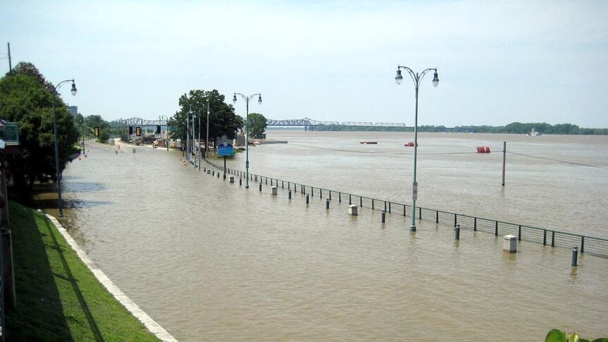 Waters from the Mississippi River in Memphis, Tennessee, break the banks of the river