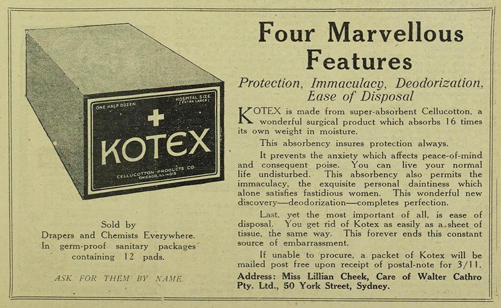 Old newspaper ad describing the features of Kotex pads 