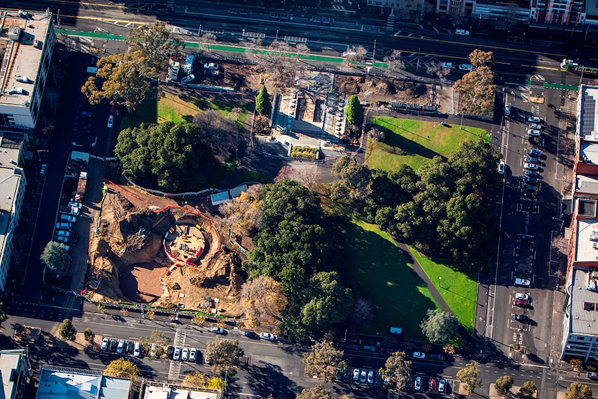 Construction works in a city park, viewed from above
