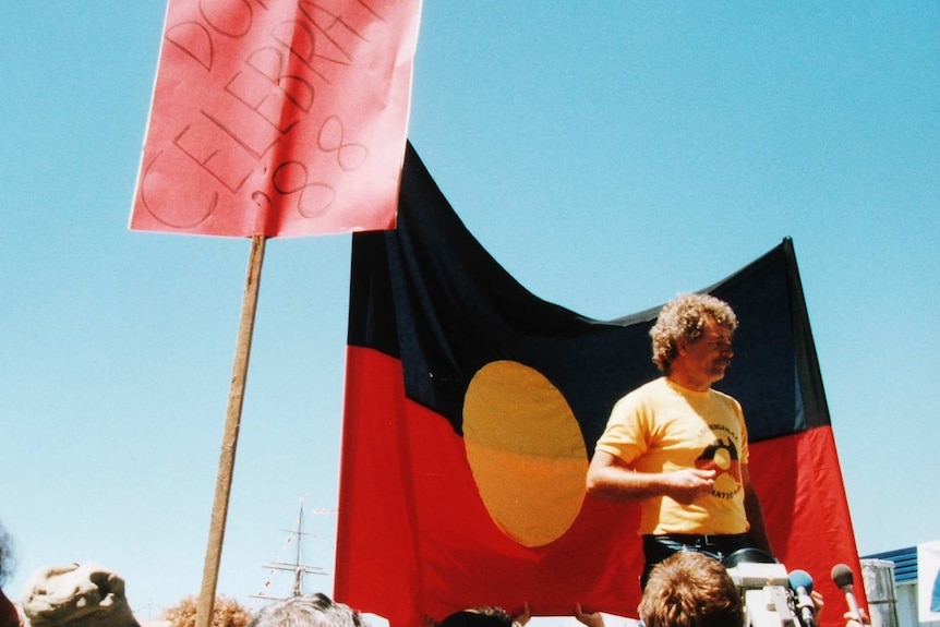 Tasmanian Aboriginal activist and lawyer Michael Mansell leads a protest during the bicentenary year of 1988.